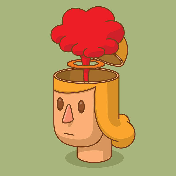 Open head of woman with a cloud of nuclear explosion Vector cartoon image of the head of a woman with blond hair and with an open braincase from which appears a red cloud of a nuclear explosion on a green background. Blow your mind. Vector illustration. cartoon of painted skull faces stock illustrations