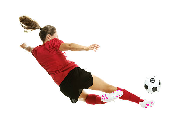 beautiful asian girl holding a soccer ball, white background