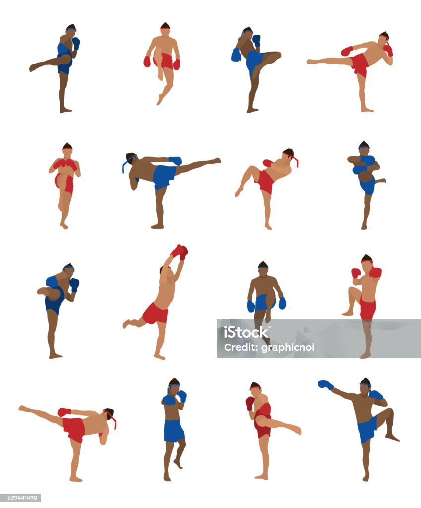 Vector set of thai boxing Vector set of thai boxing, muay thai, kick boxing, thai boxer, martial arts, isolated on white background Muay Thai stock vector