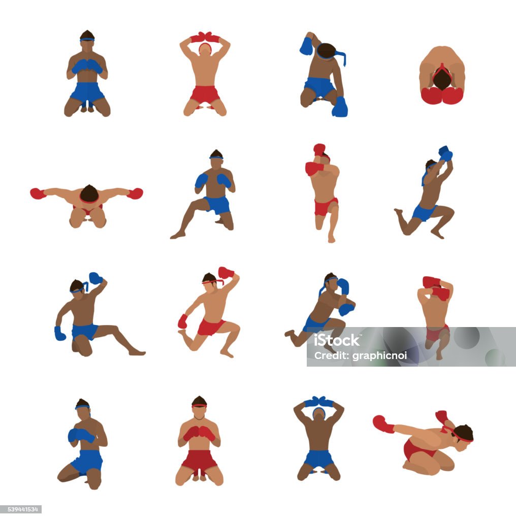 Vector set of thai boxing Vector set of thai boxing, muay thai, kick boxing, thai boxer, martial arts, isolated on white background Muay Thai stock vector