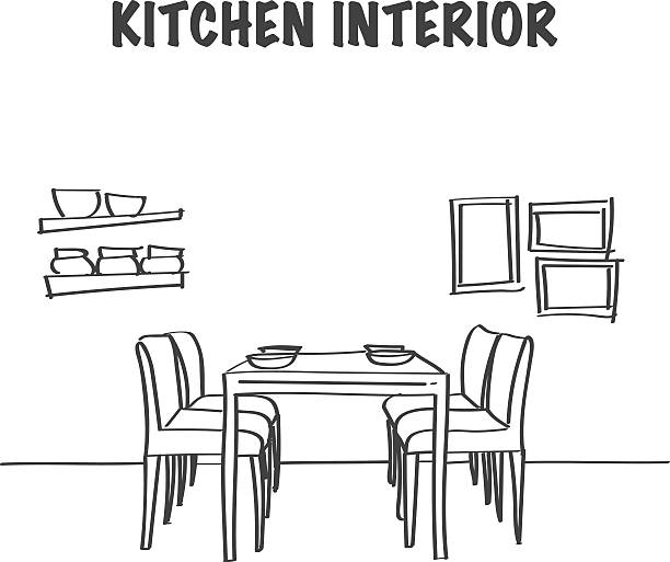 スケッチキッチンのインテリア、ディナーテーブル - 食卓点のイラスト素材／クリップアート素材／マンガ素材／アイコン素材