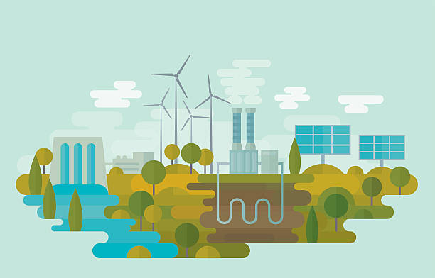 Alternative Clean Energy Flat vector illustration is showing alternative clean energy sources: hydro energy, wind energy, geothermal energy and solar energy. Nicely layered. renewable energy stock illustrations