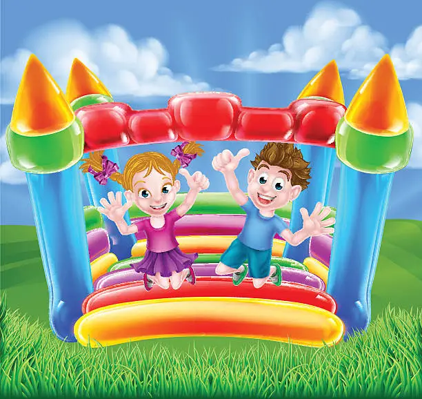 Vector illustration of Cartoon Kids on Bouncy Castle