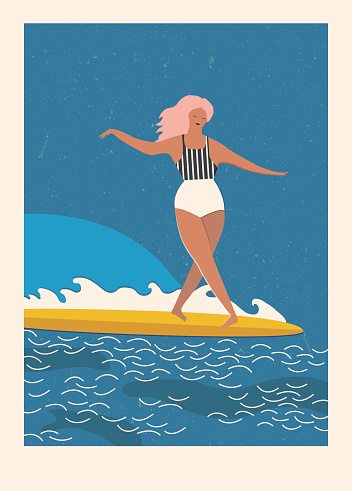 Flat illustration with surfer girl on a longboard rides a wave. Beach lifestyle poster in retro style. Art deco posters collection.
