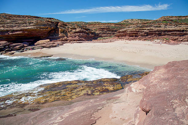 Red vegetated sandstone bluffs, turquoise Indian Ocean waters, and tourists in the secluded Pot Alley gorge beach cove under clear blue skies in Kalbarri, Western Australia.