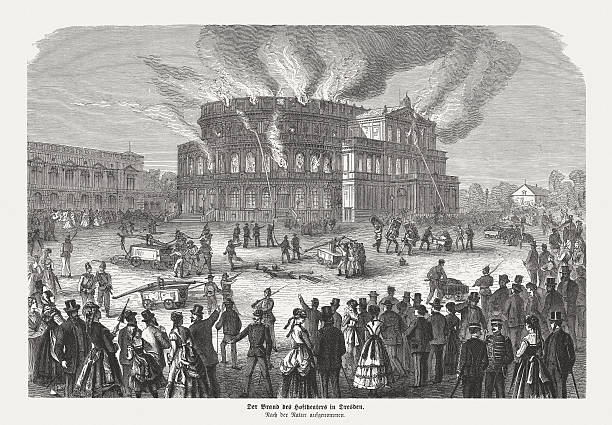 stockillustraties, clipart, cartoons en iconen met fire of the semper opera house in dresden (1869) - semperoper dresden