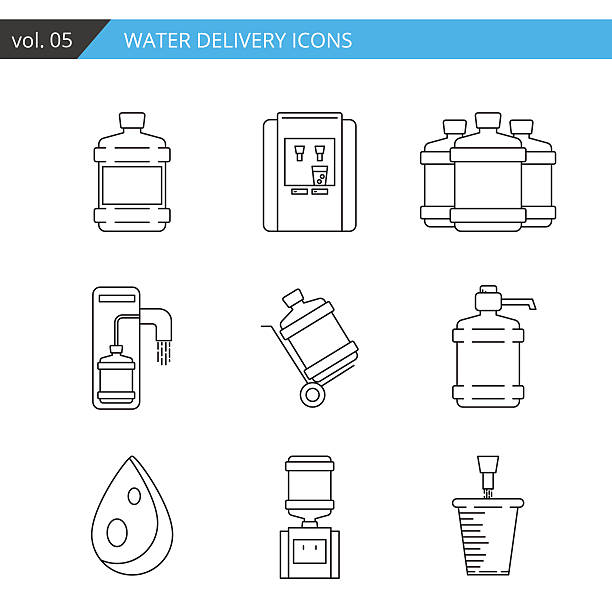 zestaw cienka linia wody dostawy ikona odizolowane na białym tle, - dystrybutor wody stock illustrations