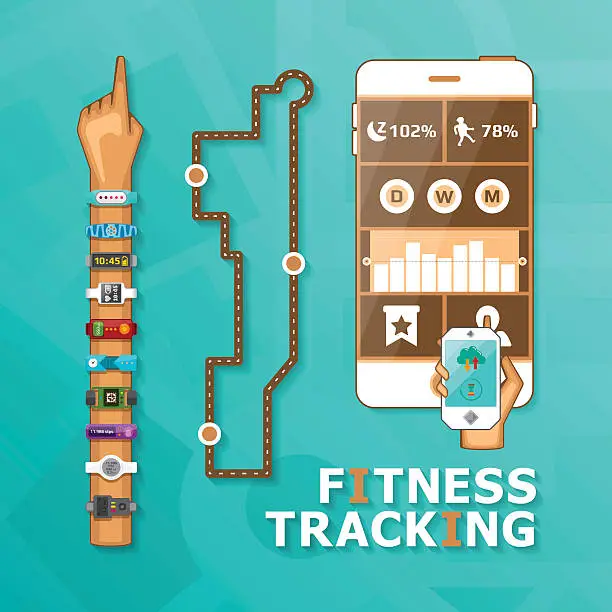 Vector illustration of Fitness tracking bracelet and app vector concept in flat style