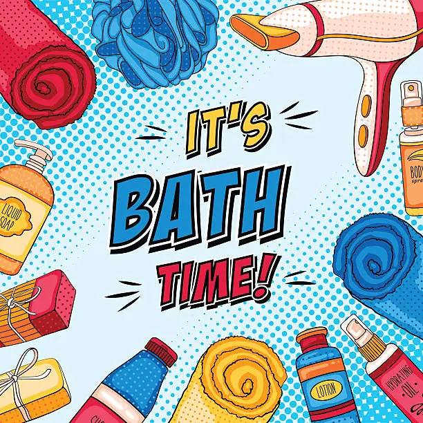 Vector illustration of Hygiene pop art background with bathroom accessories