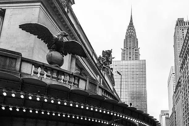 Black and white shot taken from Grand Central Station looking towards the Chrysler Building in Manhattan, New York.