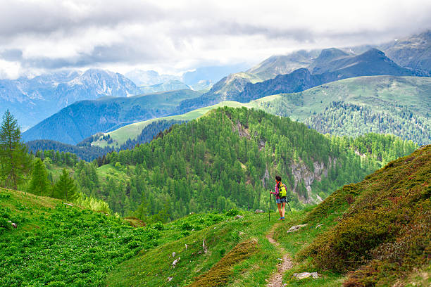 istock Of mountain landscape with path and girl walking 539455978