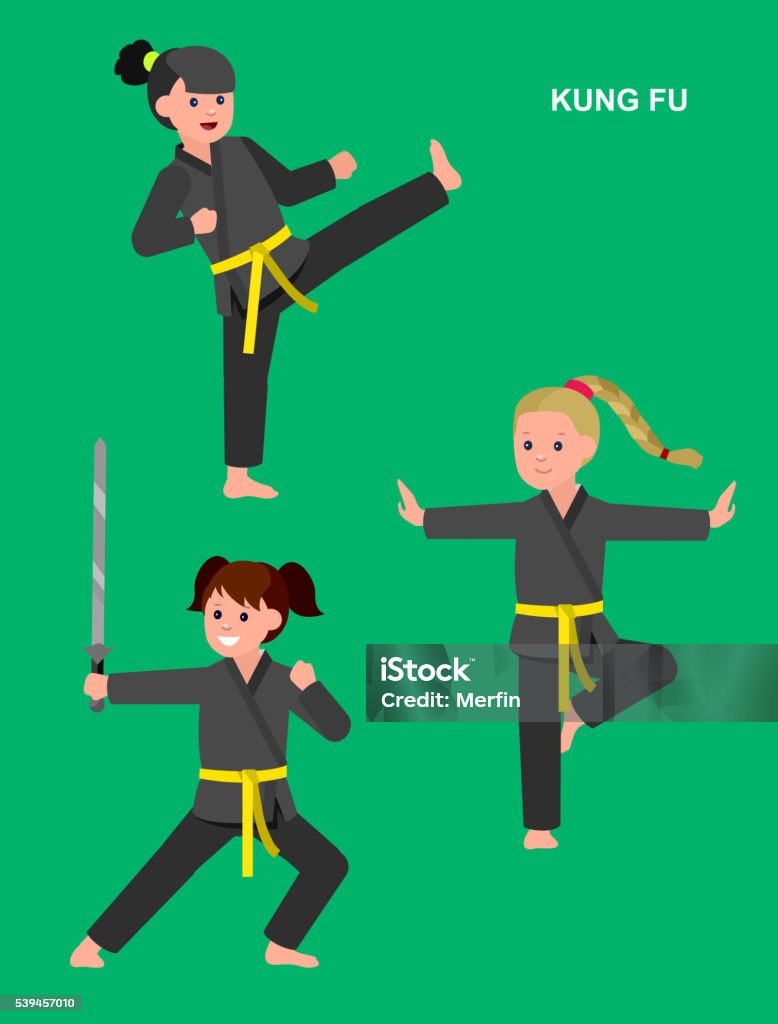 Cartoon kid wearing kimono, martial art Cute vector character child. Illustration for martial art kung fu poster. Kid wearing kimono and training kung fu. Vector fun child. Illustration of Kid and Sport. Child take kung fu fighting pose Adult stock vector