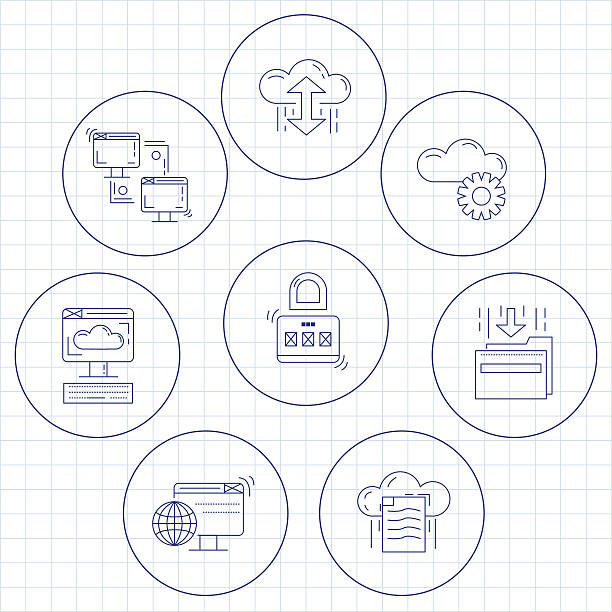 ilustrações de stock, clip art, desenhos animados e ícones de armazenamento na nuvem vector conjunto de ícones - technology video conference public building advice