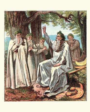 Vintage engraving of Ancient British Druids. A druid was a member of the educated, professional class among the Celtic peoples of Gaul, Britain, Ireland, and possibly elsewhere during the Iron Age. The druid class included law-speakers, poets and doctors, among other learned professions, although the best known among the druids were the religious leaders.