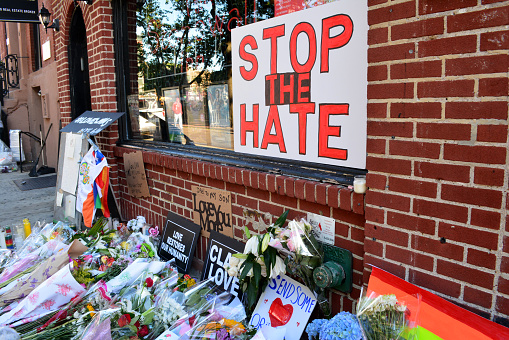 New York, USA - June 12, 2017: Memorial outside the landmark Stonewall Inn in honor of the victims of the mass shooting at a gay nightclub in Orlando in New York City in 2016.
