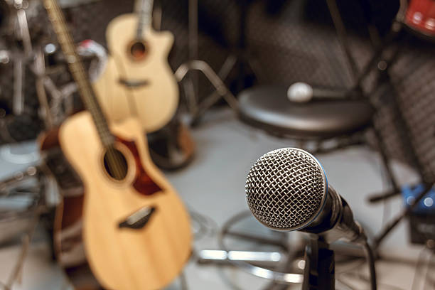 selective focus microphone and blur musical equipment. stock photo
