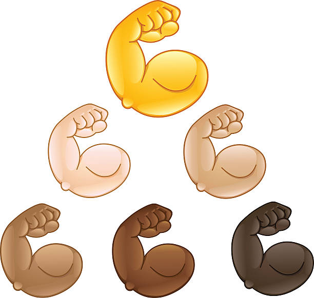 ilustraciones, imágenes clip art, dibujos animados e iconos de stock de bíceps flexionados emoji mano - human muscle body building exercising black and white