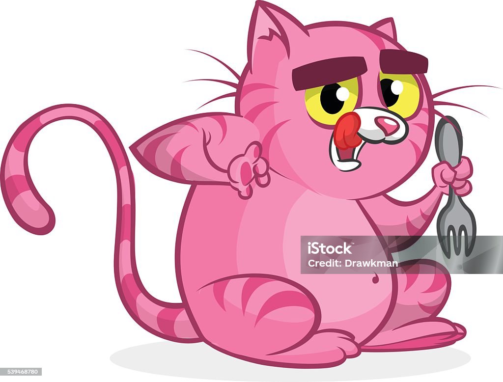 Kucing Lucu Gemuk Dengan Mata Kuning Memegang Garpu Kartun Vektor
