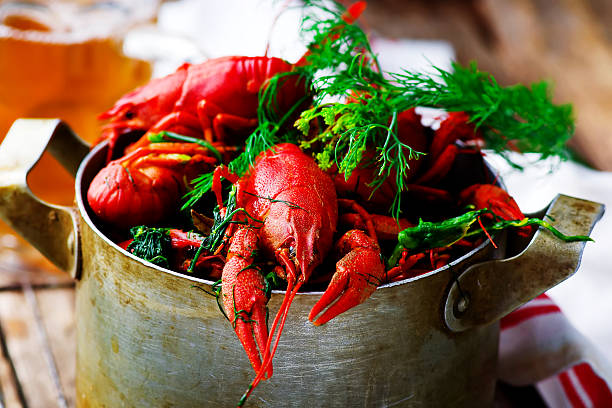 istock boiled crayfish with dill in a vintage metal pan 539469290