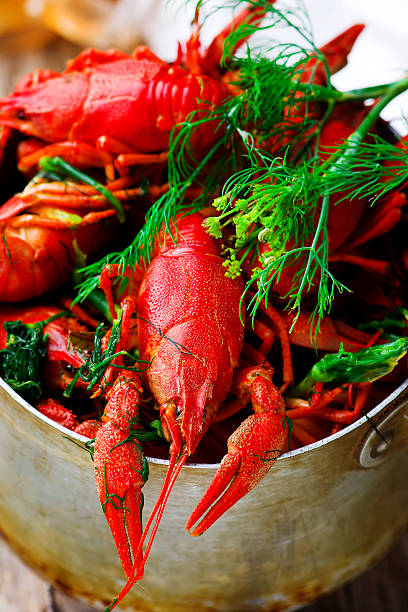istock boiled crayfish with dill in a vintage metal pan 539469350