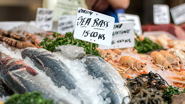 frischer wolfsbarsch und meeresfrüchte im markt-schalter. - fish fish market catch of fish market stock-fotos und bilder