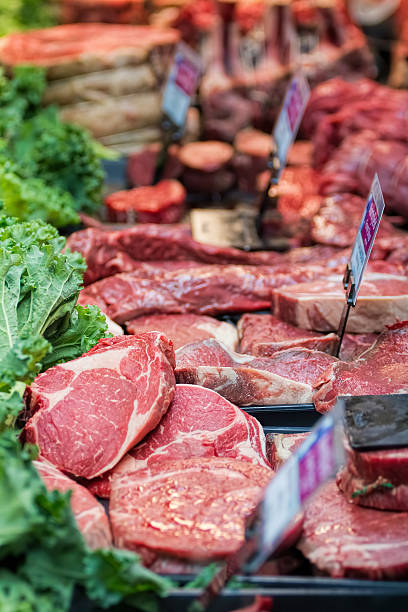 istock Steak and other meats at butchers counter. 539470448
