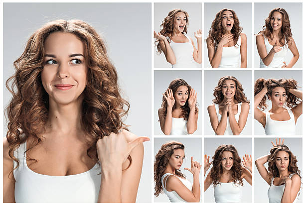 Set of young woman's portraits with different happy emotions