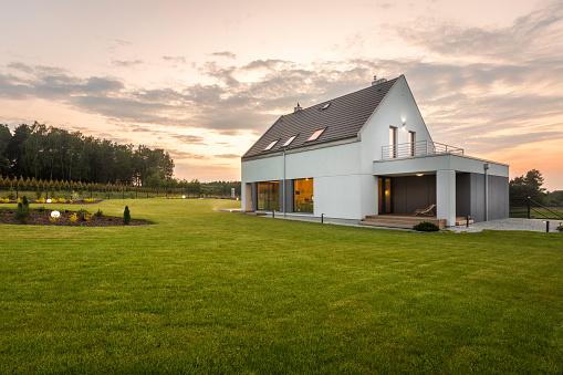 Modern house with lush garden. 3D generated image.