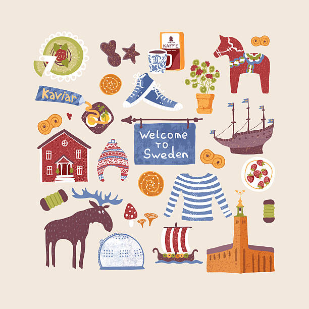 bildbanksillustrationer, clip art samt tecknat material och ikoner med set of hand drawn design elements with swedish symbols - svensk kultur