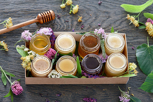 Different kinds of honey in a box