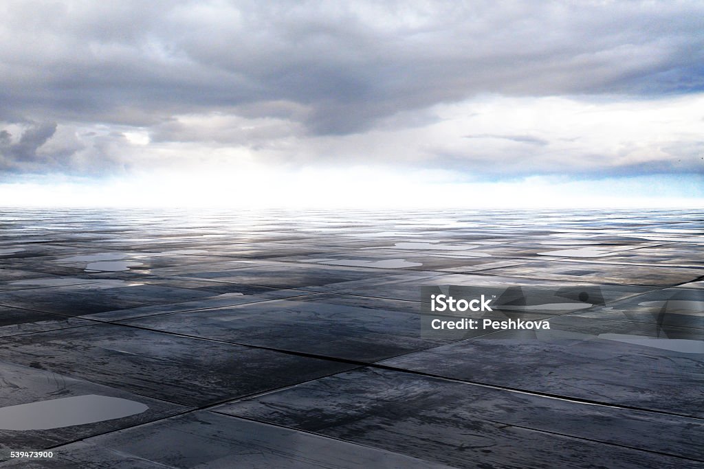 wet concrete floor wet concrete floor and cloud on sky, 3D Rendering Wet Stock Photo