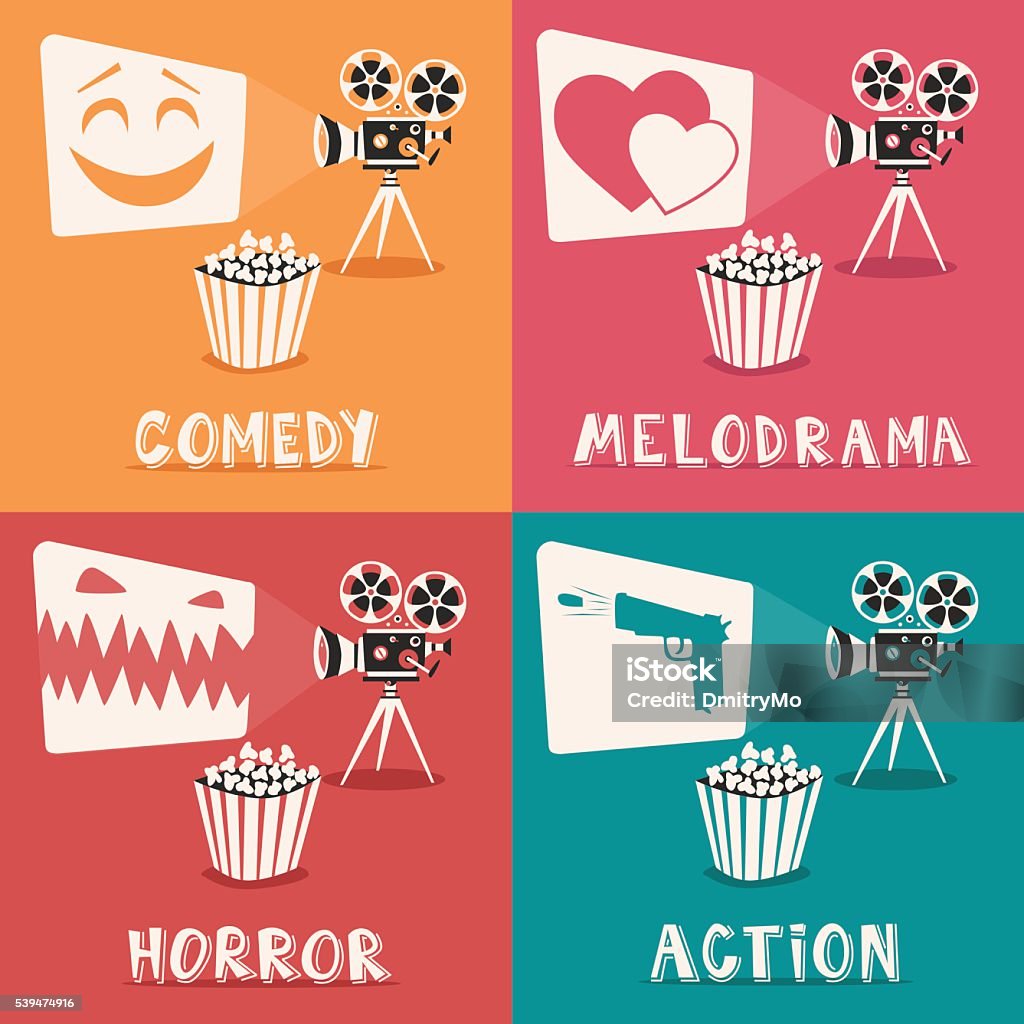 Movie Genres Poster Cartoon Vector Illustration Film Projector And Popcorn  Stock Illustration - Download Image Now - iStock