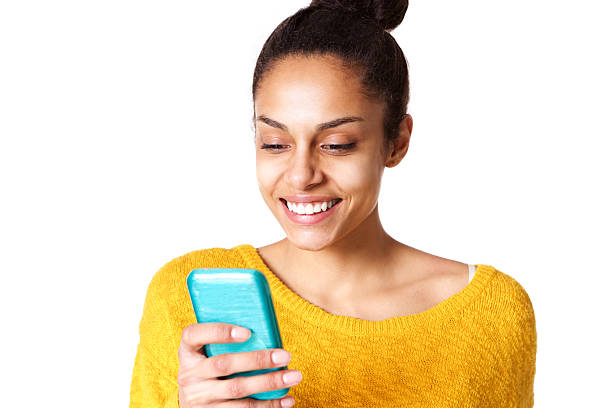 istock Happy woman reading text message on mobile phone 539474956