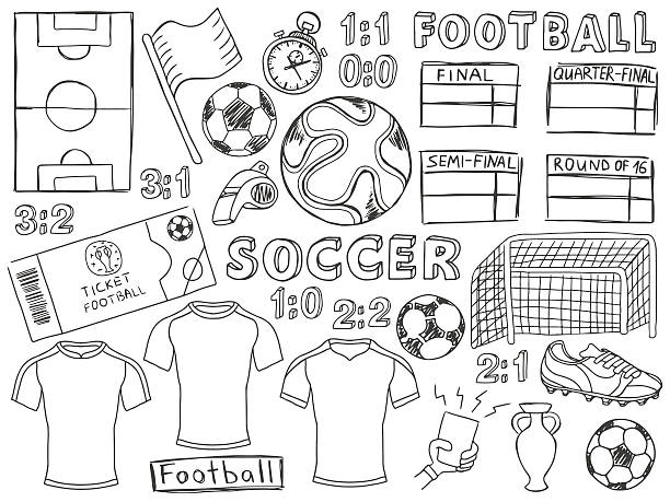 illustrazioni stock, clip art, cartoni animati e icone di tendenza di schizzo di calcio calcio impostare di disegni e schizzi - pallone da calcio illustrazioni