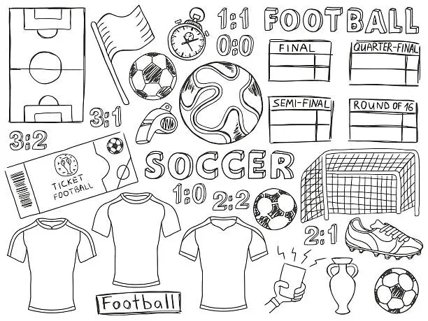 Vector illustration of Football doodles set soccer sketch