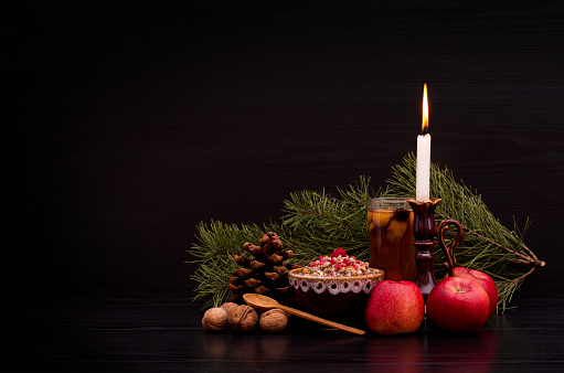 Kutia. Traditional Christmas sweet meal in Ukraine, Belarus and Poland. Holiday. Copy space, black background