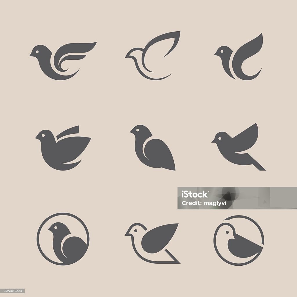 Black bird icons set Bird icons set. Dove and pigeon abstract symbol. Can be used for freedom or peace, spa, beauty, health or family care center design concept Dove - Bird stock vector