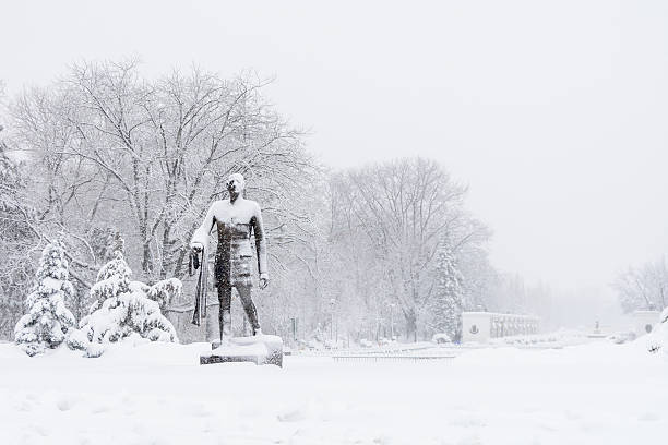 statue avec de la neige dans le parc. statue de charles-de-gaulle - charles de gaulle photos et images de collection