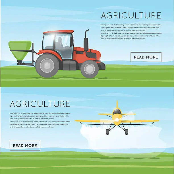 Vector illustration of Tractor pours fertilizer. Flying yellow plane spraying agricultural chemicals pesticide.