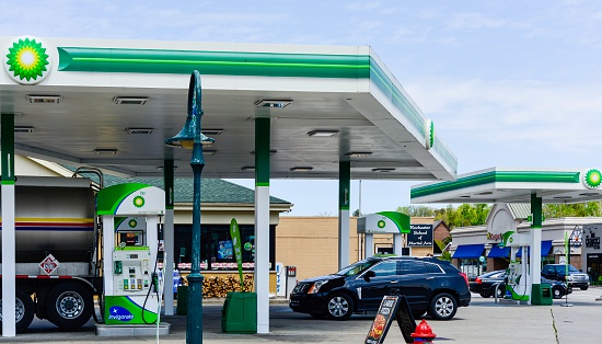 Rochester, Michigan, USA - May 17, 2016: The BP Gas Station at the corner of Rochester Road and West University Drive in Rochester, Michigan. Founded in 1909, BP, formerly called British Petroleum, is the third largest energy company, and fourth largest company overall in the world, with operations spanning the globe.