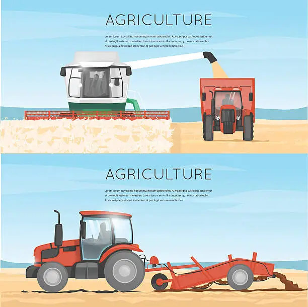 Vector illustration of Tractor, combine. Agriculture. Agricultural vehicles. Harvesting, agriculture. Farm.