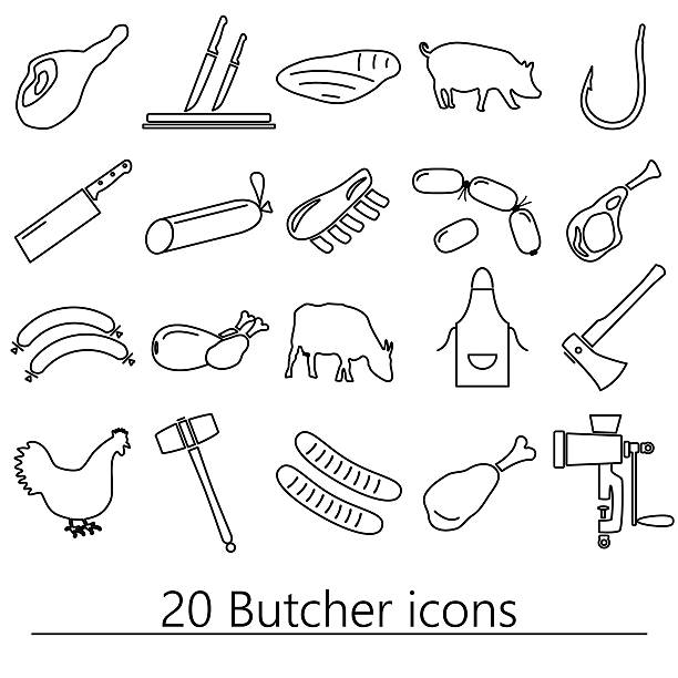 정육점 과 고기 가게 블랙 윤곽 아이콘 세트 eps10 - butcher butchers shop slaughterhouse hook stock illustrations