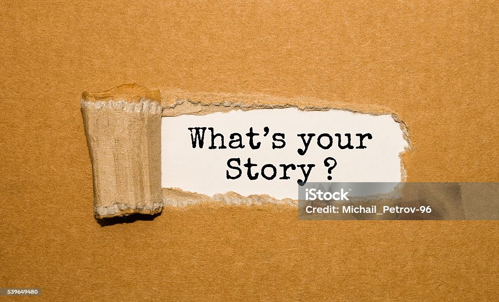 The text What's your story? appearing behind torn brown paper Storytelling Stock Photo