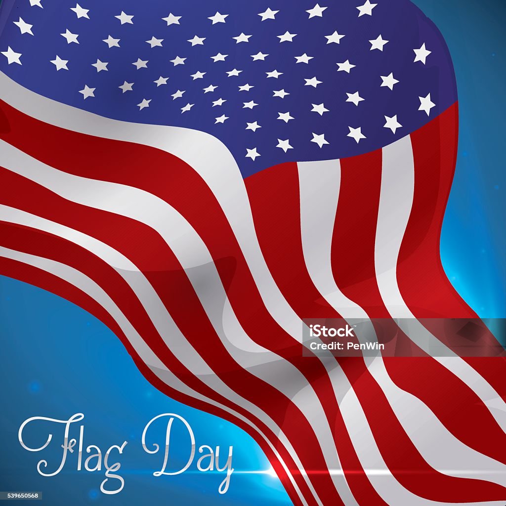 Flying U.S.A. Flag to Commemorate Design for Flag Day American flag flying in the wind with glow and flares celebrating Flag Day. American Culture stock vector