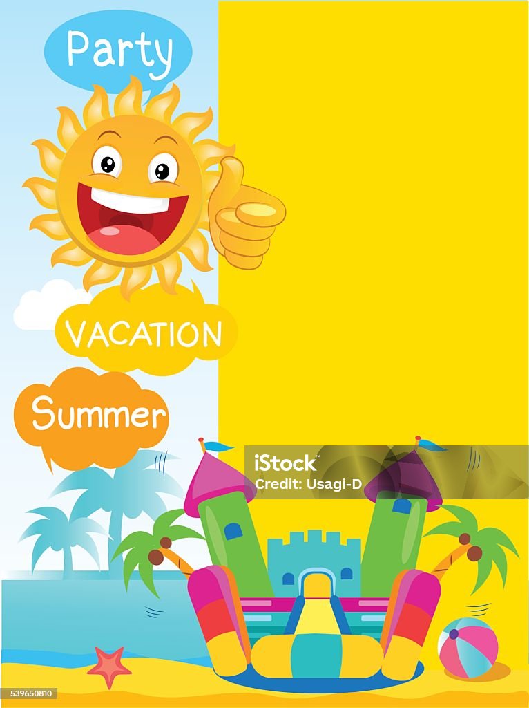 Bouncy Castle And Happy Sun. Summer Rest Vector Concept Banner. Bouncy Castle And Happy Sun. Summer Rest Vector Concept Banner. Summer tropics background. Summertime Template With Space For Text. Bouncing stock vector