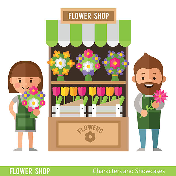 フラットなスタイルのフラワーショーケースと花屋。 - florist点のイラスト素材／クリップアート素材／マンガ素材／アイコン素材