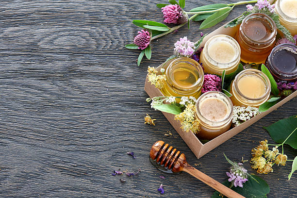 istock Different kinds of honey in a box 539653006