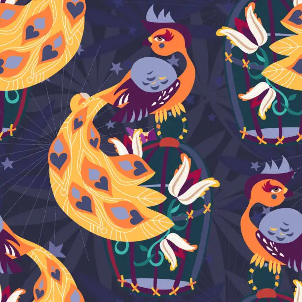 Vector illustration of Exotic tropical bird on cage seamless pattern.