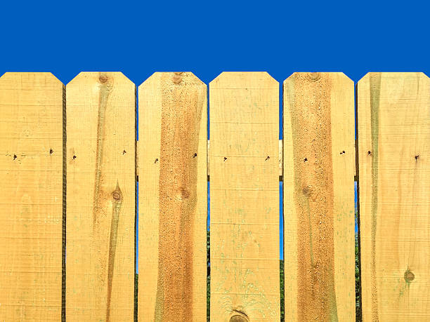 A close up photography of a dog ear style wooden fence with blue sky in the background