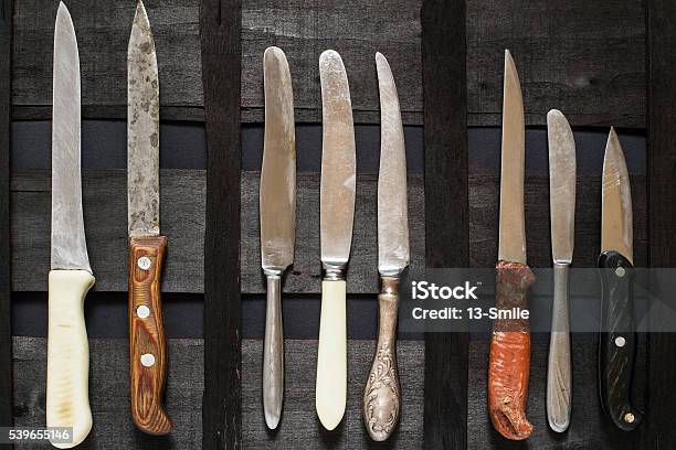 Set Of Old Kitchen Knives Stock Photo - Download Image Now - Ancient, Collection, Domestic Life